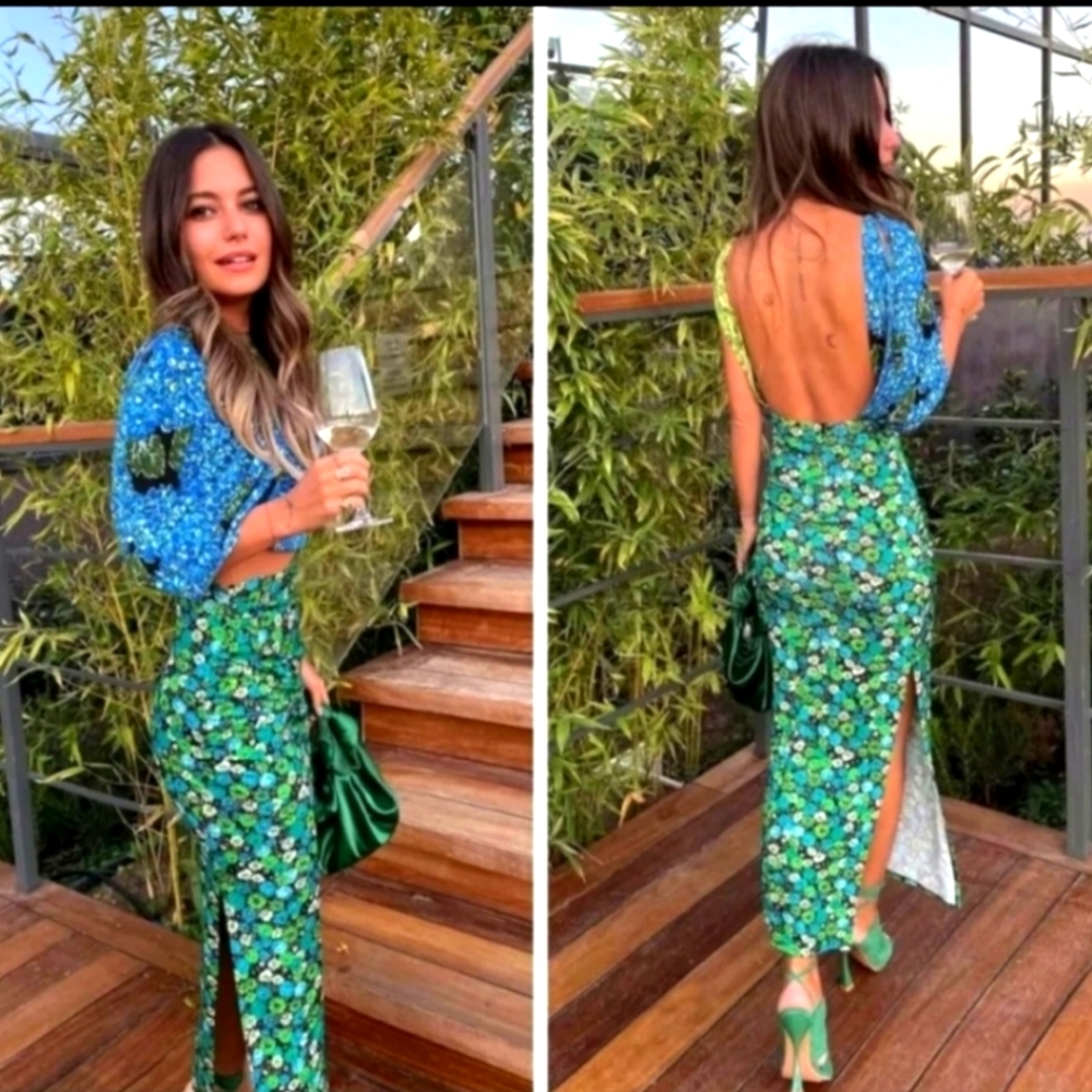 Zara Woman FW21 Floral Print Dress Blur Green Cut Out